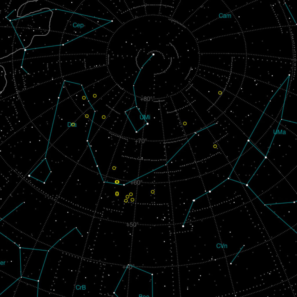 Deep Sky Objects in Draco in CSOG's 5-6" Constellation edition (image from AstroPlanner)