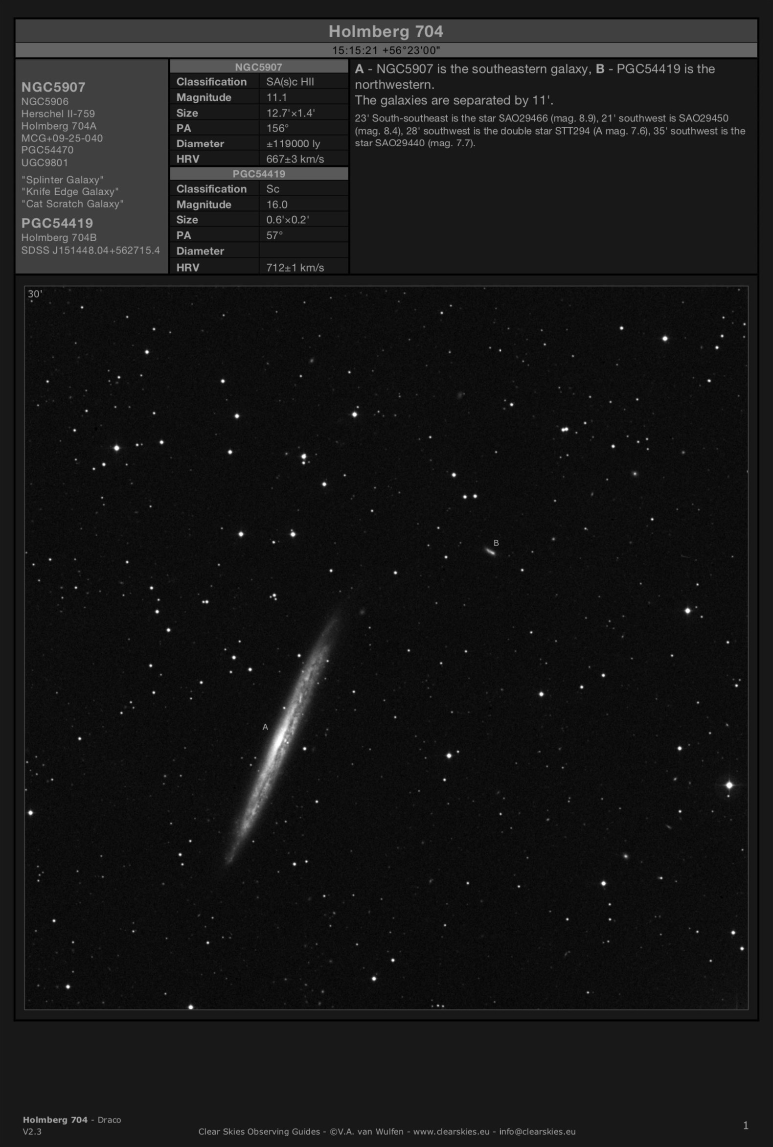 Galaxy pair Holmberg 704 - NGC5907 - "Splinter Galaxy" & PGC54419 in Draco Galaxy pair Holmberg 704 - NGC5907 - "Splinter Galaxy" & PGC54419 in Draco