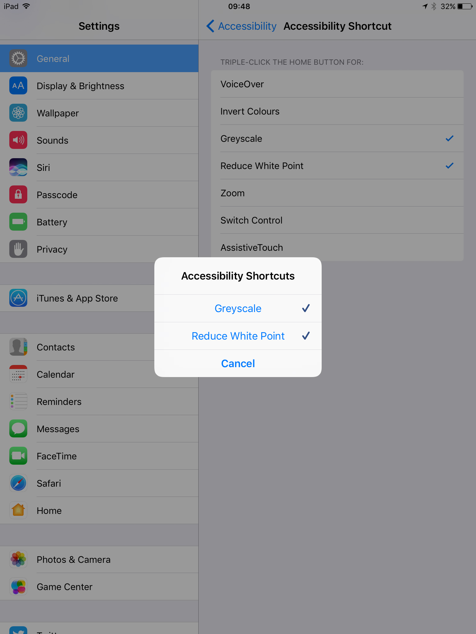 Earlier iPadOS - Accessibility - Accessibility shortcut - Greyscale & Reduce whitepoint Earlier iPadOS - Accessibility - Accessibility shortcut - Greyscale & Reduce whitepoint