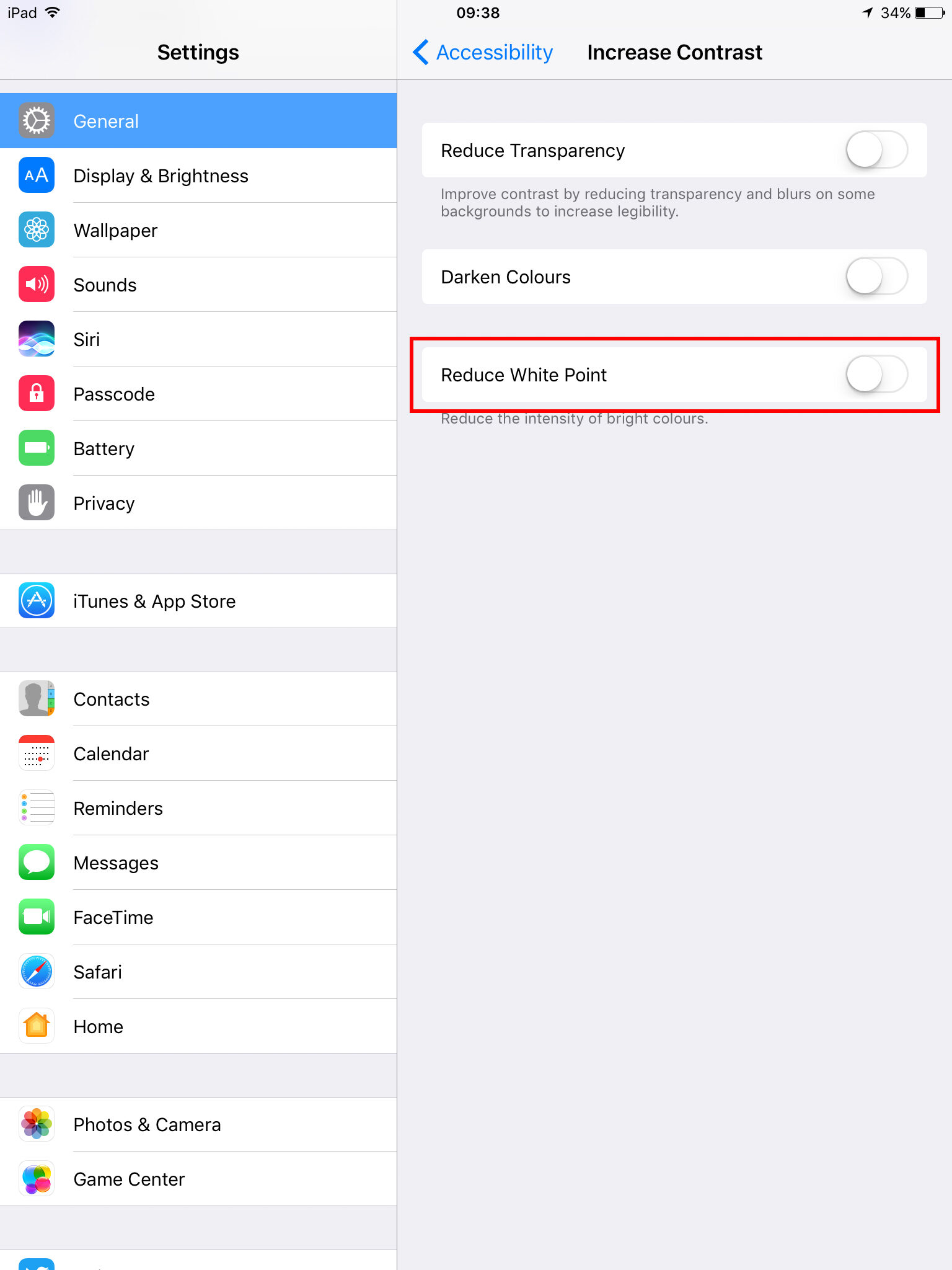 Earlier iPadOS - Accessibility - Increase contrast - Reduce whitepoint Earlier iPadOS - Accessibility - Increase contrast - Reduce whitepoint