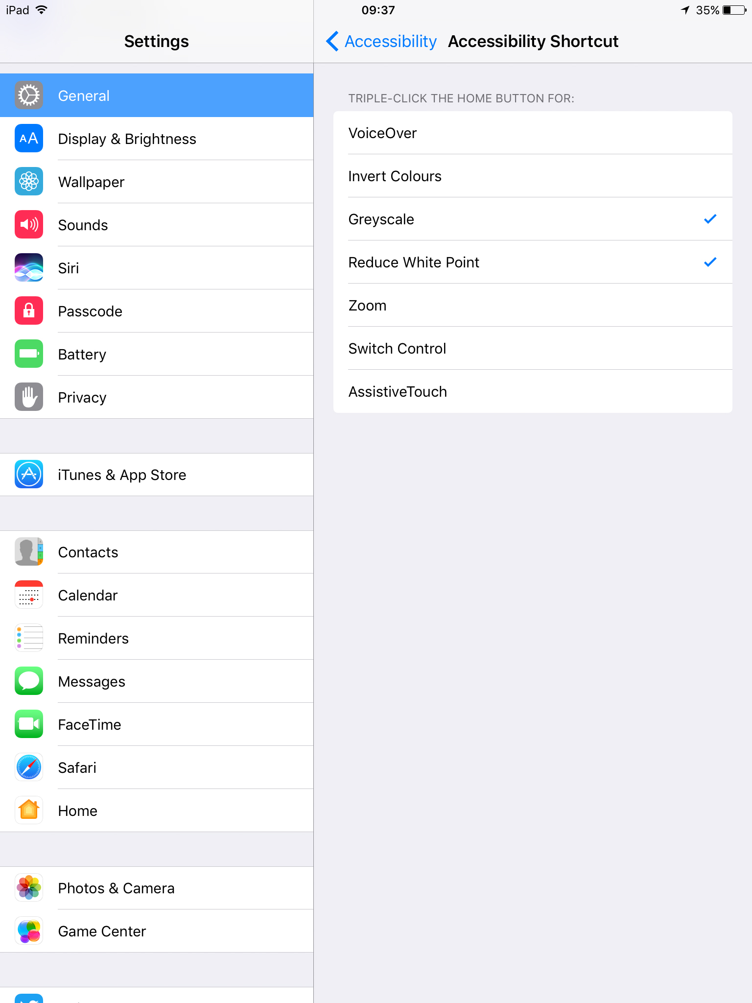 Earlier iPadOS - Accessibility - Accessibility shortcut - Greyscale & Reduce whitepoint Earlier iPadOS - Accessibility - Accessibility shortcut - Greyscale & Reduce whitepoint