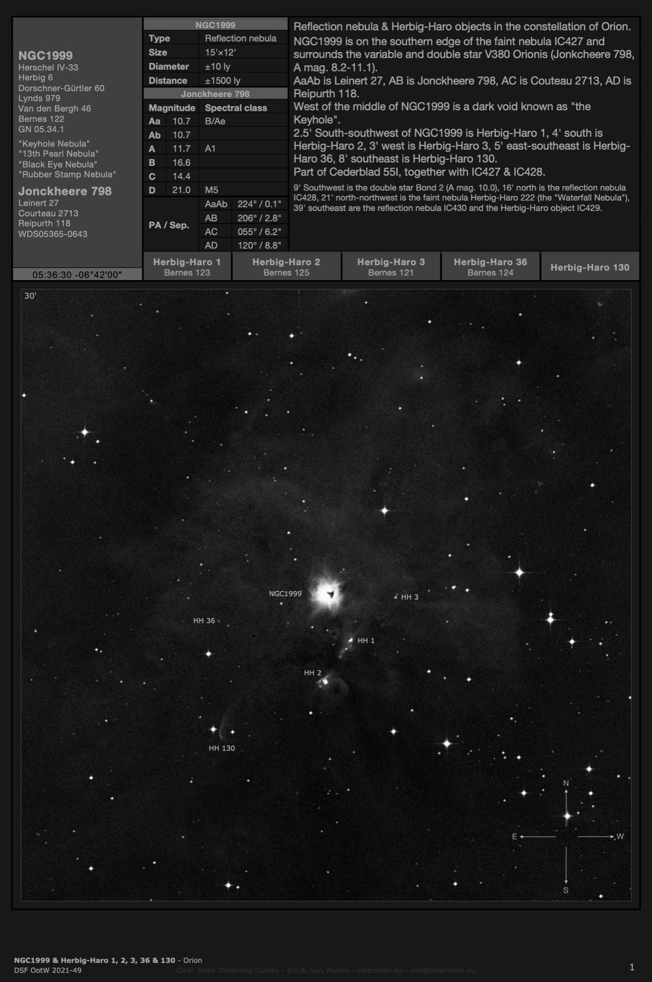 Reflection nebula NGC1999 - the "Keyhole Nebula" and Herbig-Haro 1, 2, 3, 36 & 130 in Orion Reflection nebula NGC1999 - the "Keyhole Nebula" and Herbig-Haro 1, 2, 3, 36 & 130 in Orion