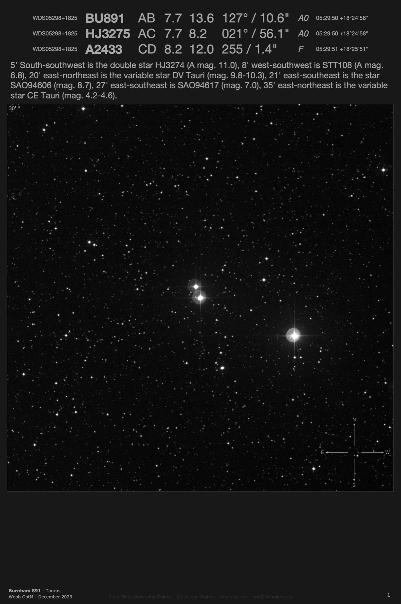Burnham 891 (WDS05298+1825) in Taurus Burnham 891 (WDS05298+1825) in Taurus
