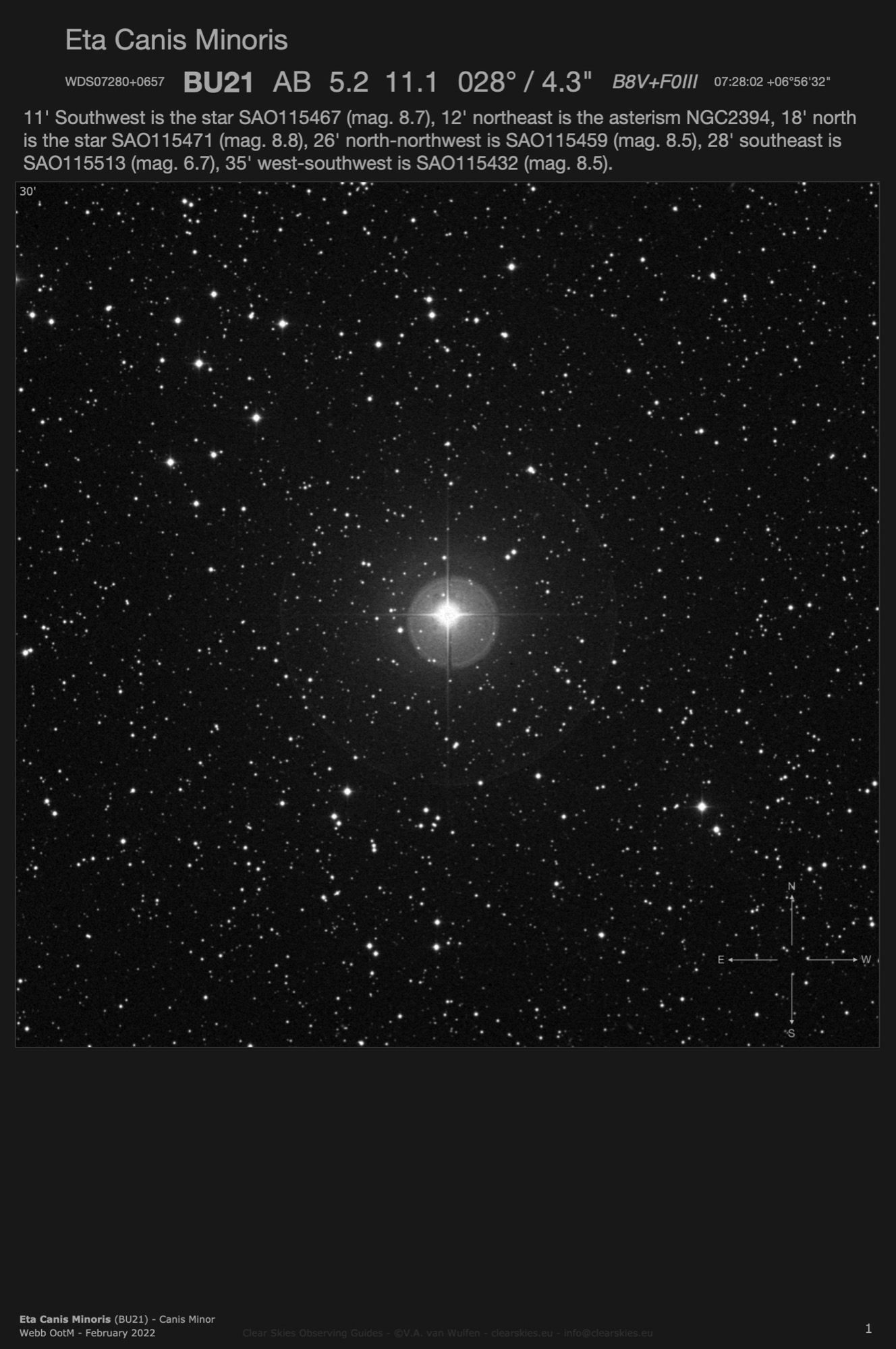 Eta Canis Minoris - Burnham 21 (WDS07280+0657) in Canis Minor Eta Canis Minoris - Burnham 21 (WDS07280+0657) in Canis Minor