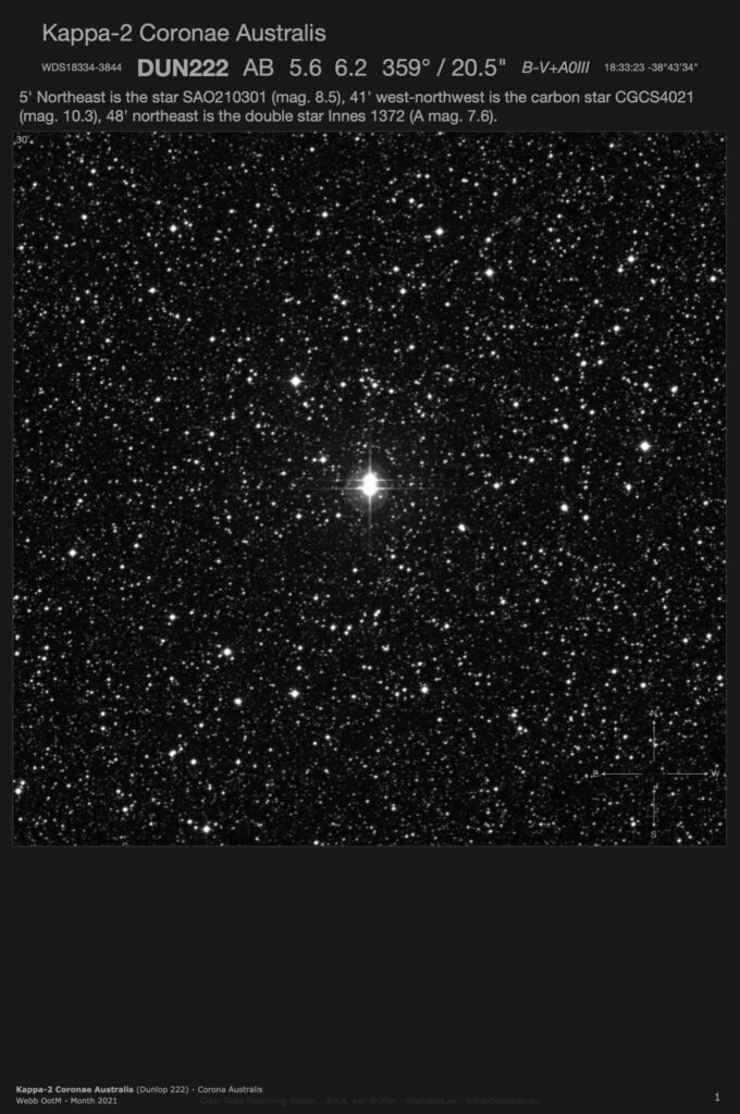 Double star Kappa-2 Coronae Australis (Dunlop 222 - WDS18334-3844) in Coronae Australis Double star Kappa-2 Coronae Australis (Dunlop 222 - WDS18334-3844) in Coronae Australis