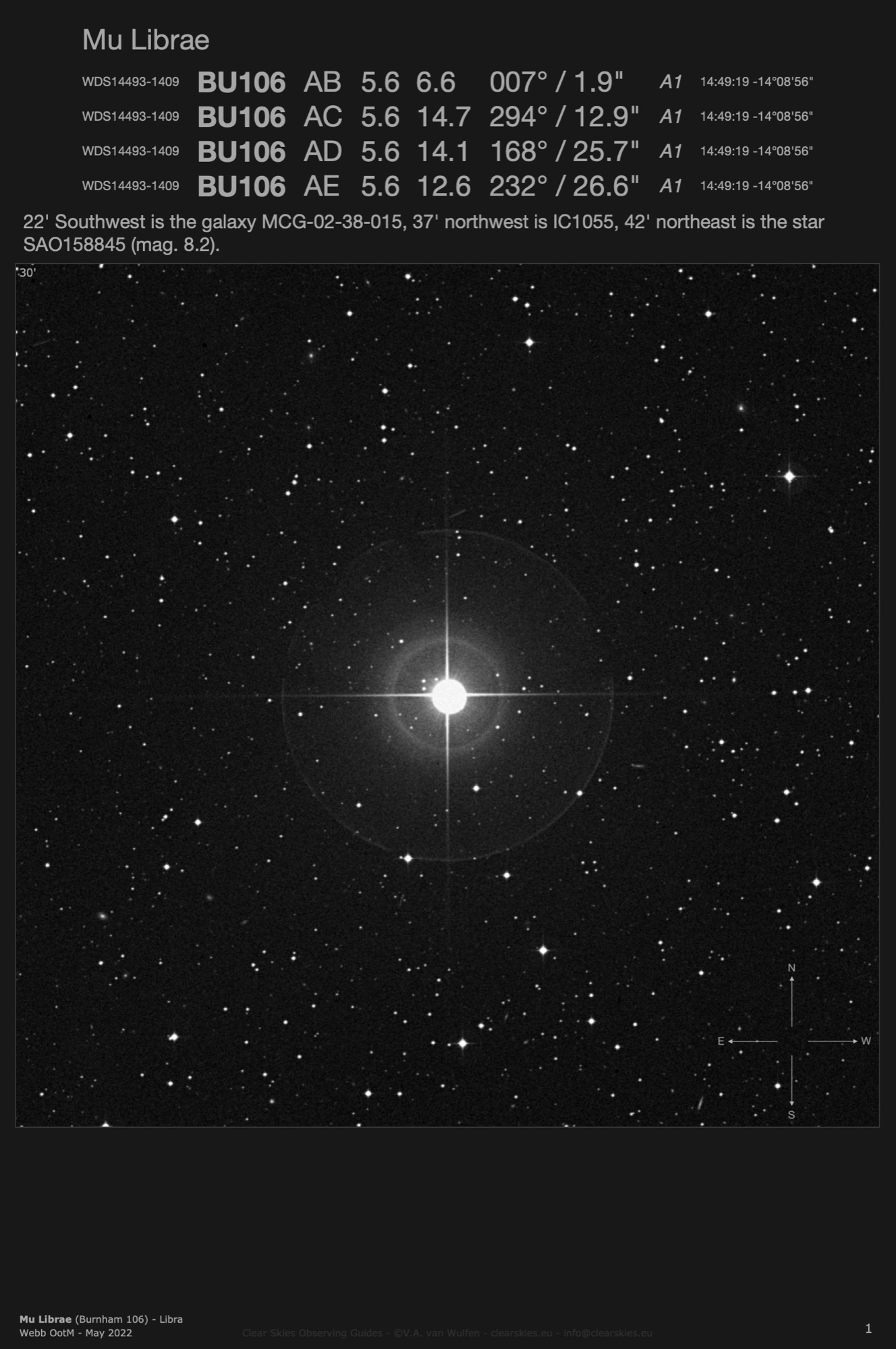 Mu Librae (Burnham 106 - WDS14493-1409) in Libra Mu Librae (Burnham 106 - WDS14493-1409) in Libra
