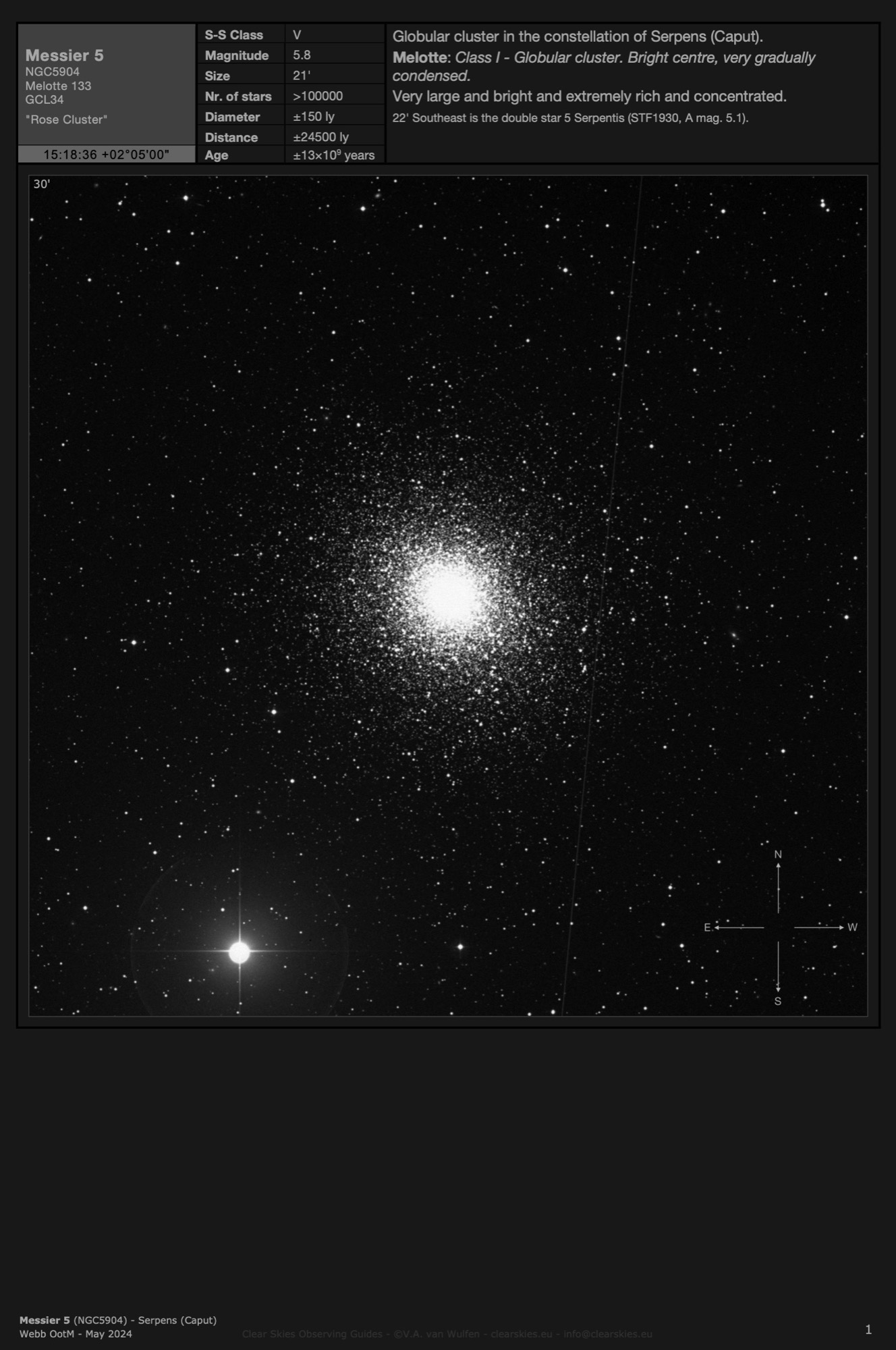 Globular cluster Messier 5 (NGC5904) - the "Rose Cluster" in Serpens (Caput) Globular cluster Messier 5 (NGC5904) - the "Rose Cluster" in Serpens (Caput)