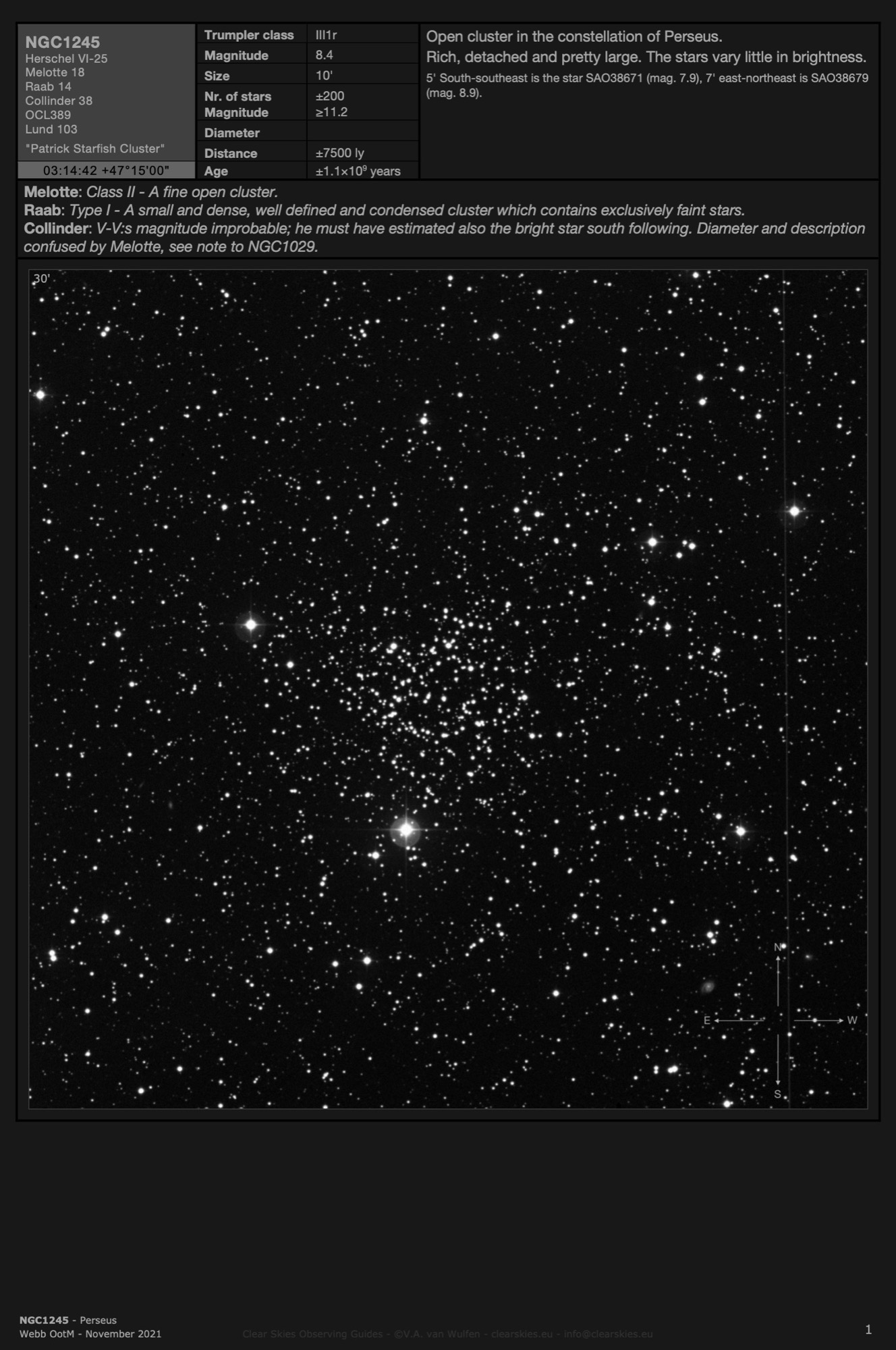 Open cluster NGC1245 - the "Patrick Starfish Cluster" in Perseus Open cluster NGC1245 - the "Patrick Starfish Cluster" in Perseus