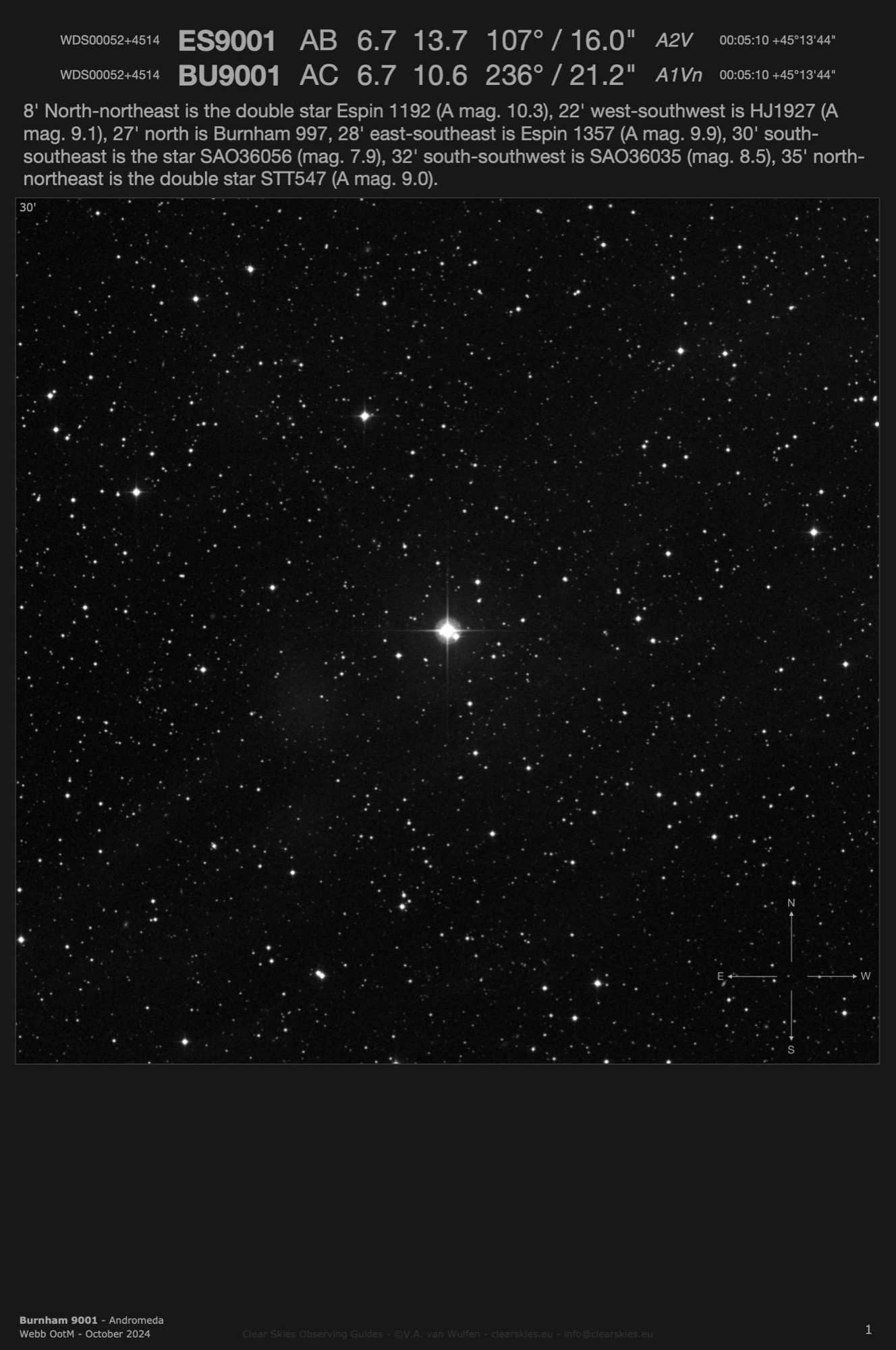Burnham 9001 (WDS00052+4514) in Andromeda Burnham 9001 (WDS00052+4514) in Andromeda