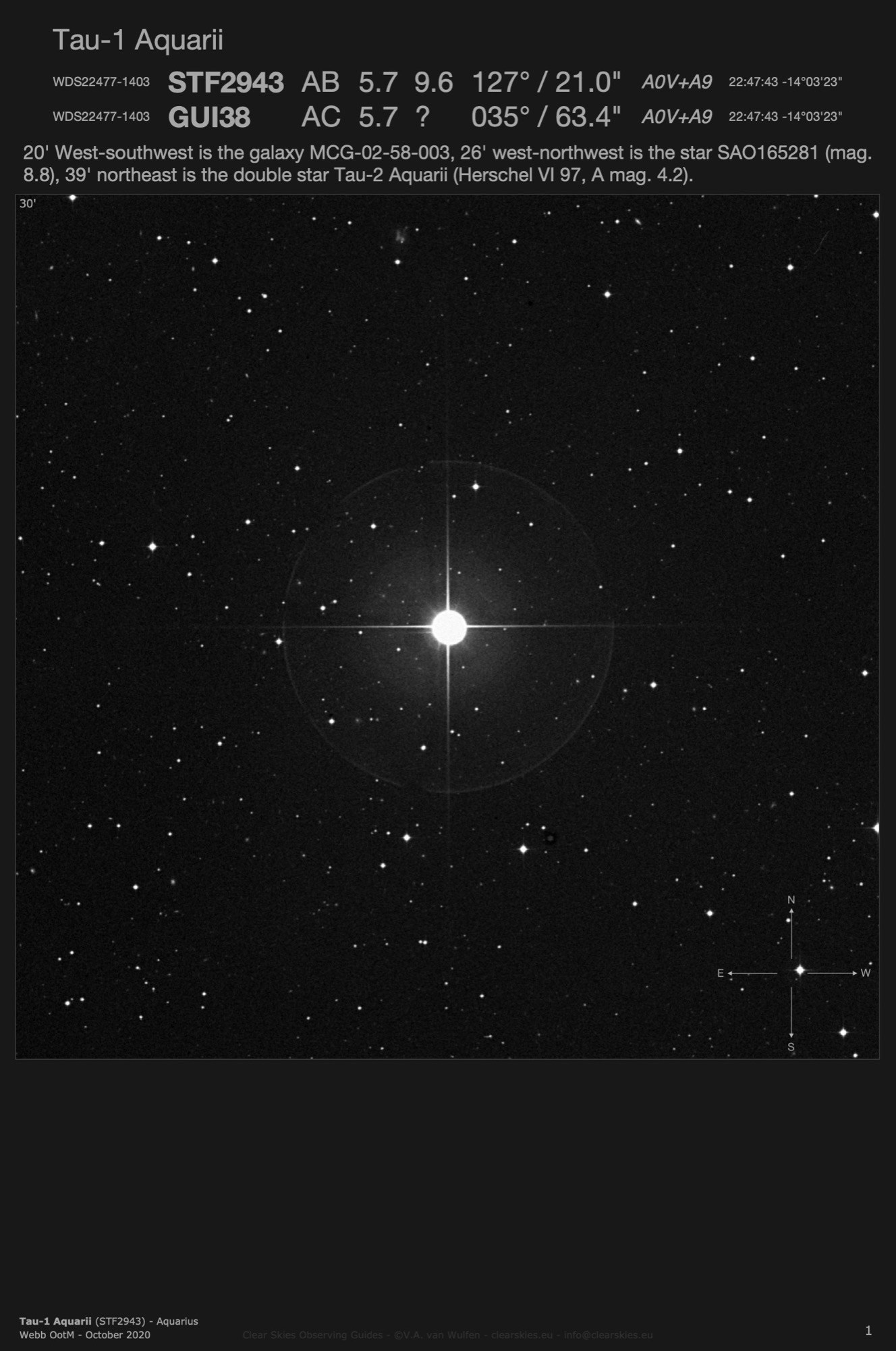 Tau-1 Aquarii (STF2943 - WDS22477-1403) in Aquarius Tau-1 Aquarii (STF2943 - WDS22477-1403) in Aquarius