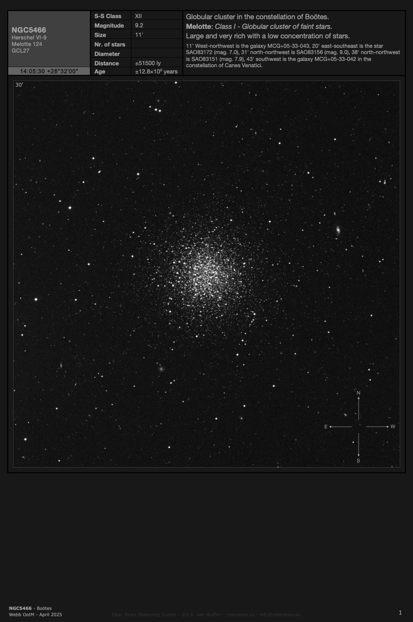 Globular cluster NGC5466 in Boötes