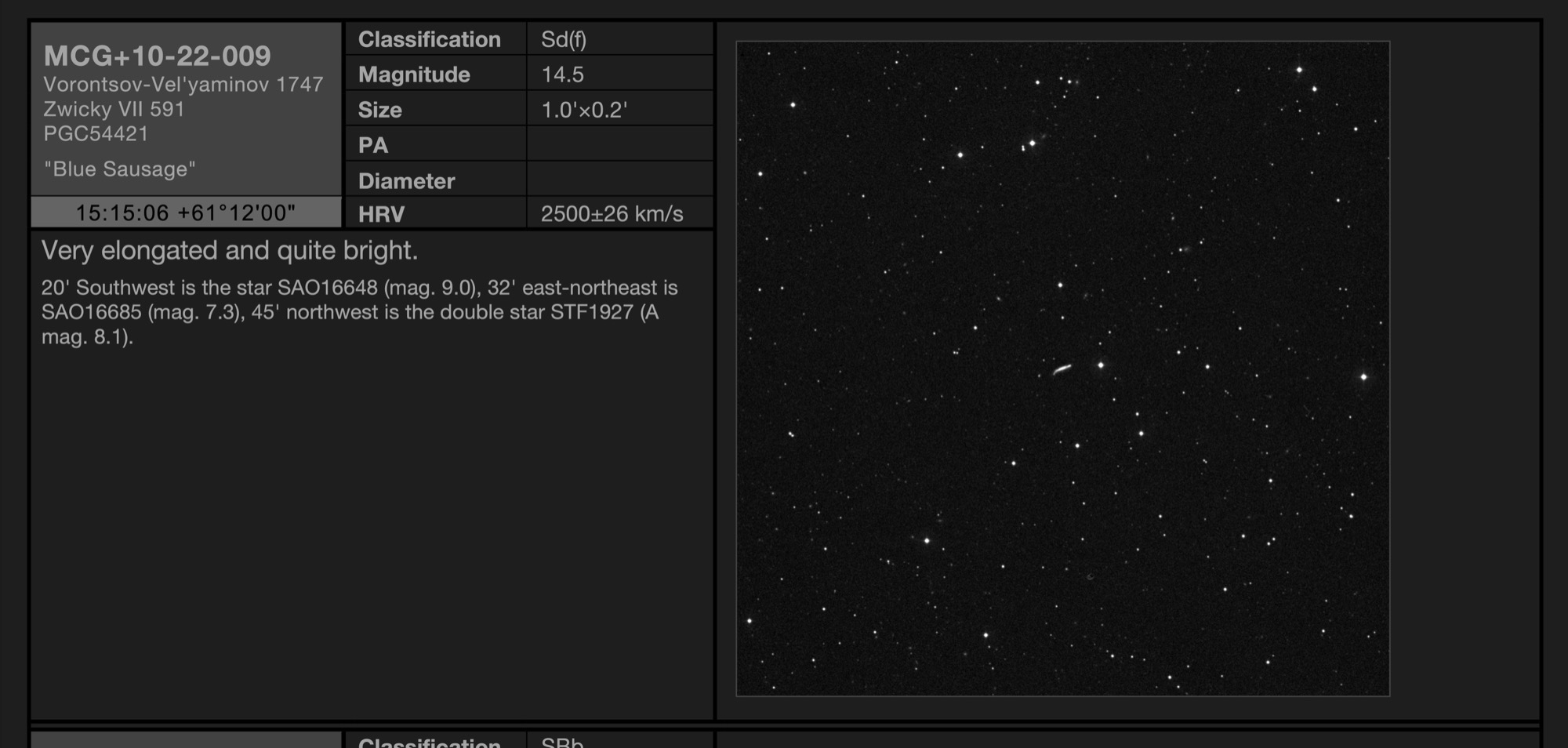 Galaxy MCG+10-22-009 (Vorontsov-Vel'yaminov 1747, PGC54421) - the "Blue Sausage" in Draco Galaxy MCG+10-22-009 (Vorontsov-Vel'yaminov 1747, PGC54421) - the "Blue Sausage" in Draco