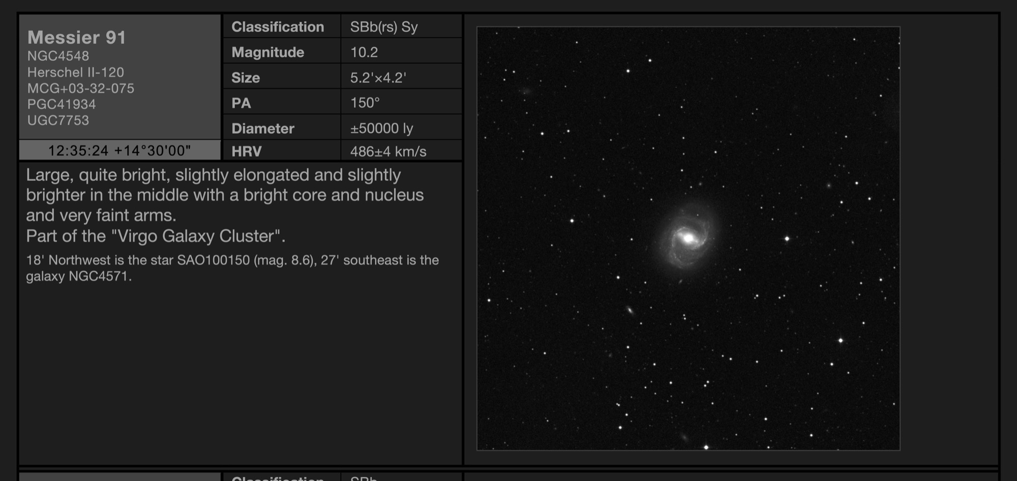Galaxy Messier 91 (NGC4548) in Coma Berenices Galaxy Messier 91 (NGC4548) in Coma Berenices