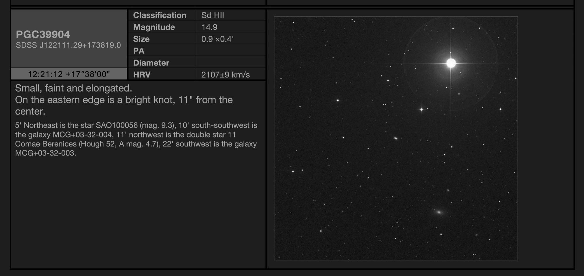 HII Region Rubin, Moore, Bertiau 55 in galaxy Messier 99 (NGC4254) - the "Coma Pinwheel Galaxy" in Coma Berenices Galaxy PGC39904 in Coma Berenices
