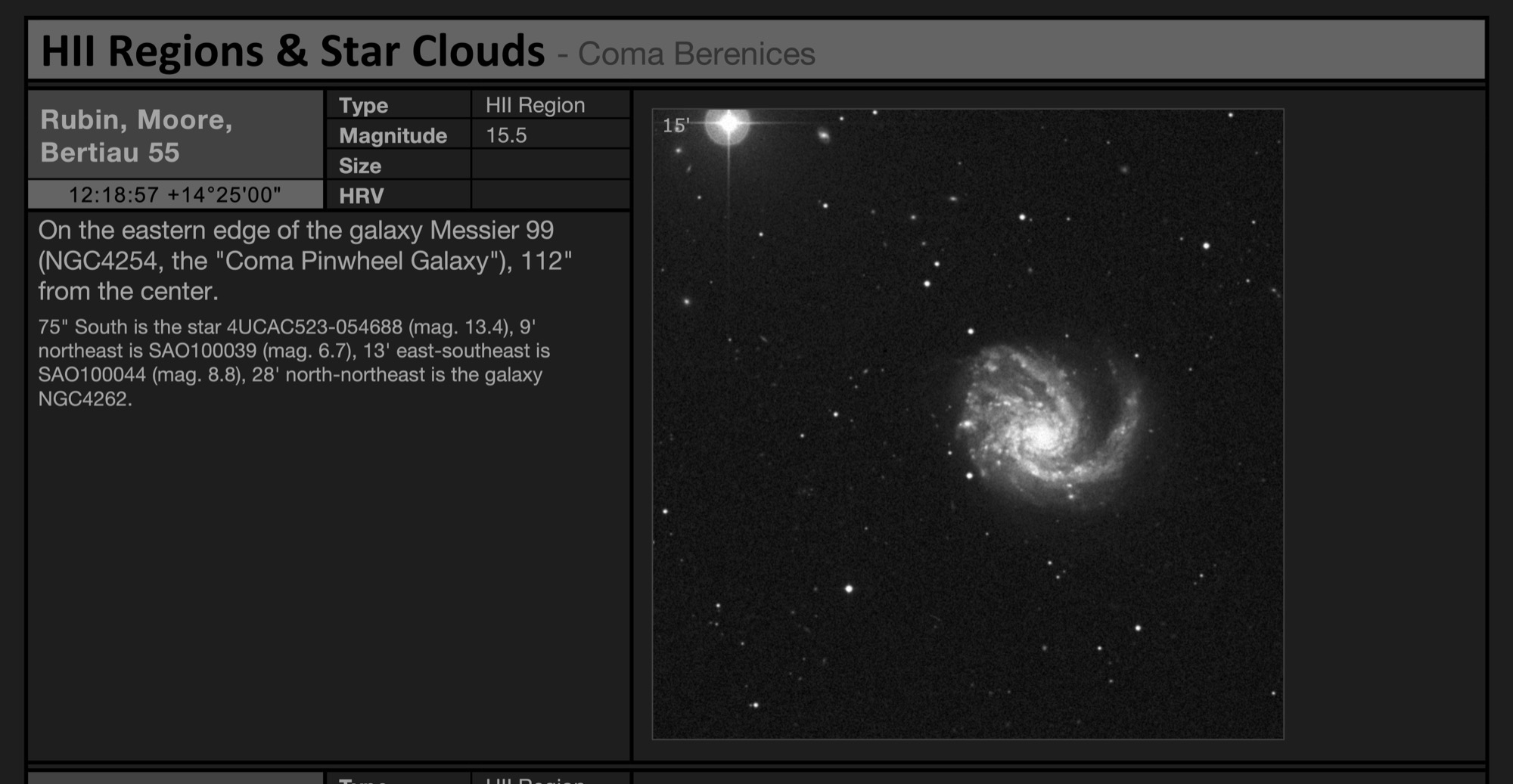 HII Region Rubin, Moore, Bertiau 55 in galaxy Messier 99 (NGC4254) - the "Coma Pinwheel Galaxy" in Coma Berenices HII Region Rubin, Moore, Bertiau 55 in galaxy Messier 99 (NGC4254) - the "Coma Pinwheel Galaxy" in Coma Berenices