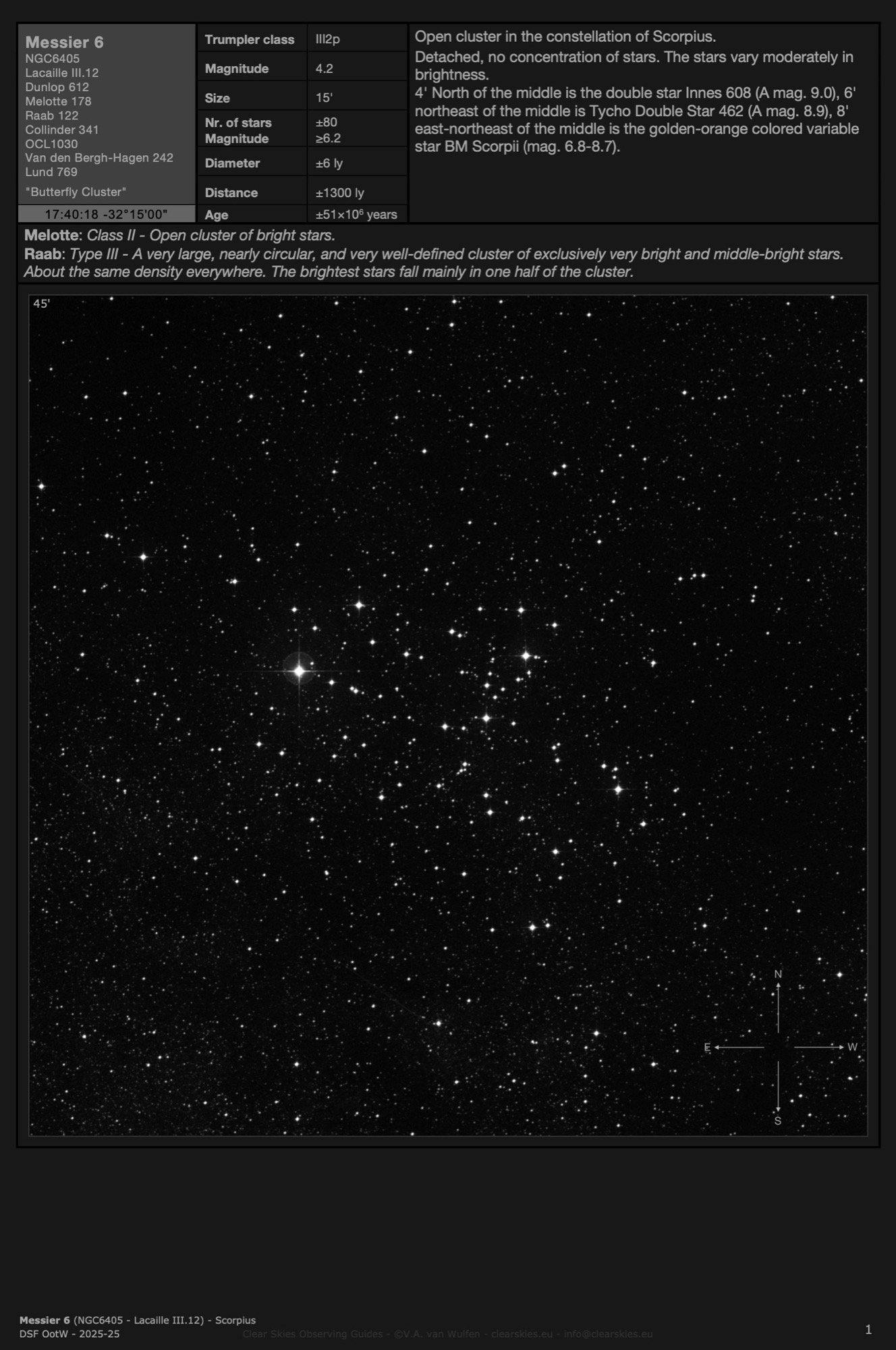 Open cluster Messier 6 (NGC6405 - Lacaille III.12) - the "Butterfly Cluster" in Scorpius Open cluster Messier 6 (NGC6405 - Lacaille III.12) - the "Butterfly Cluster" in Scorpius
