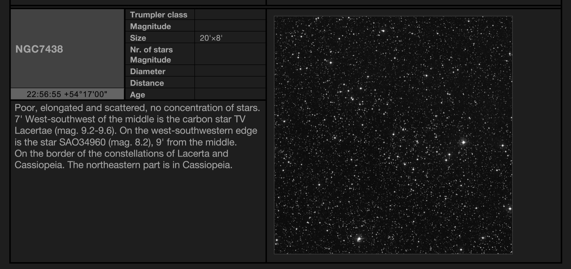 Open cluster NGC7438 in Lacerta