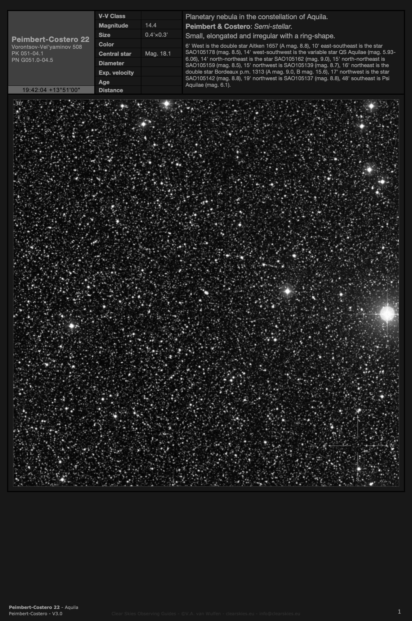 Planetary nebula Peimbert-Costero 22 (PK 051-04.1) in Aquila