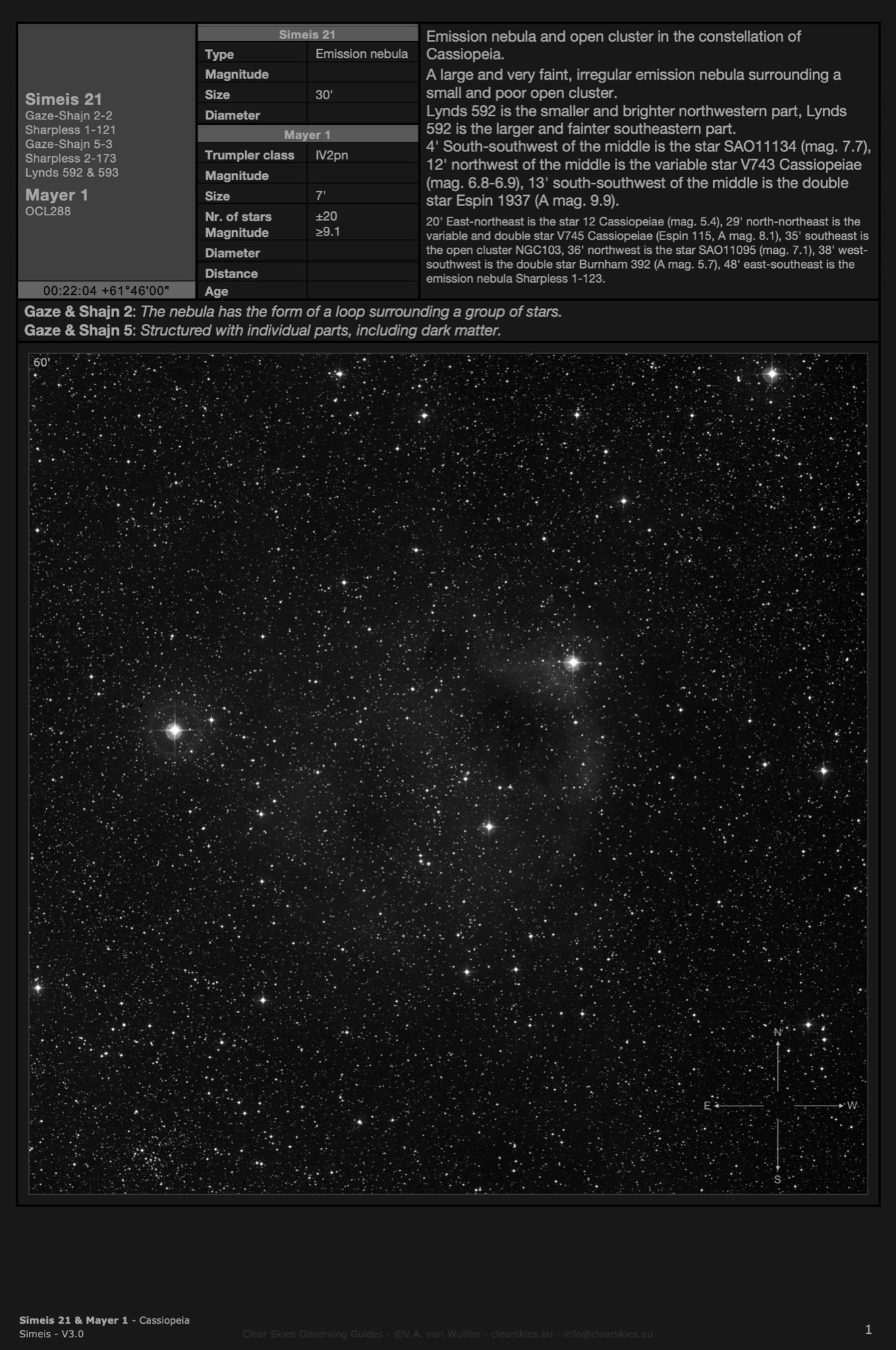 Emission nebula Simeis 21 & open cluster Mayer 1 in Cassiopeia