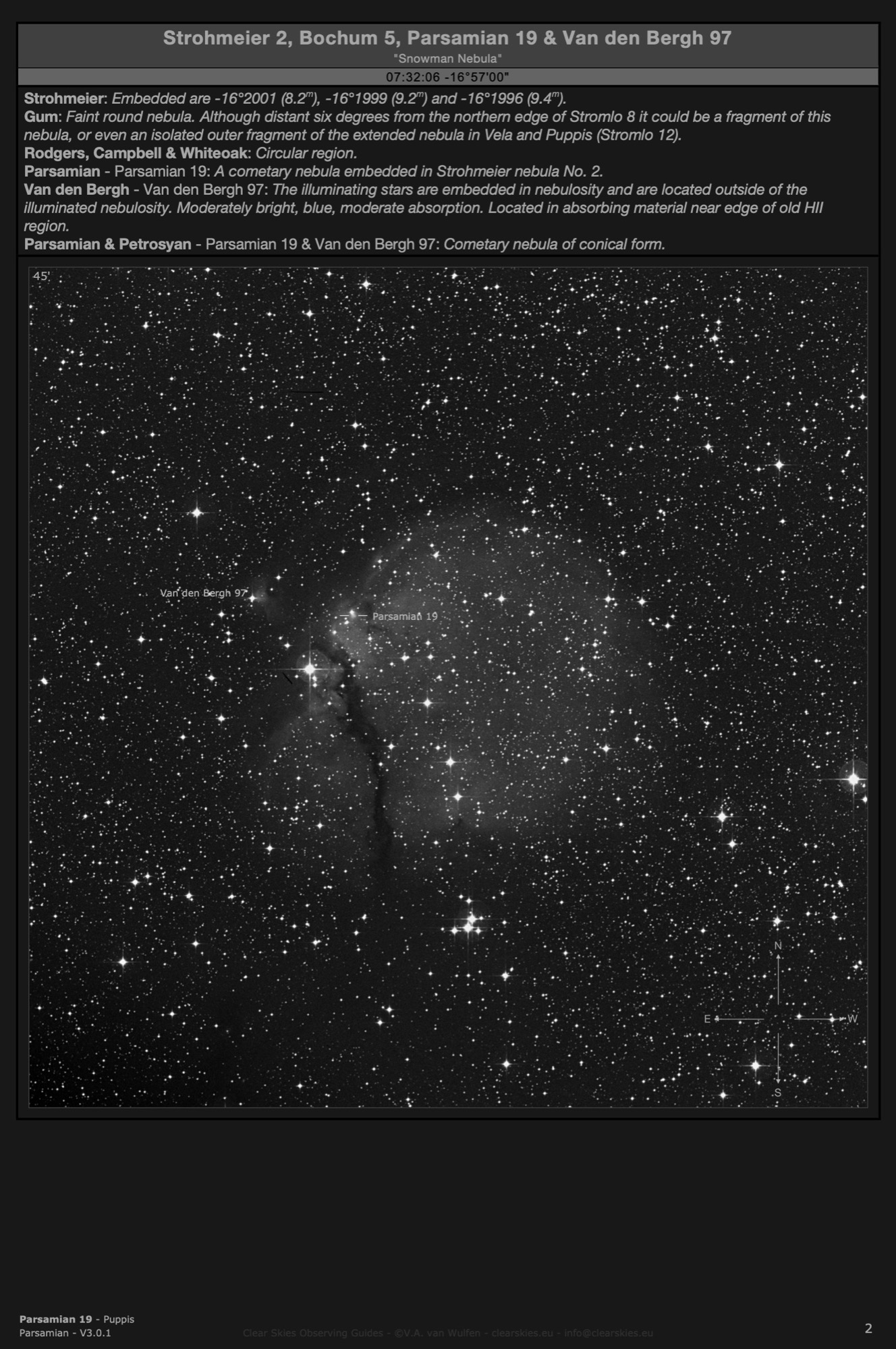Emission nebula Strohmeier 2, open cluster Bochum 5, cometary nebula Parsamian 19 and reflection nebula Van den Bergh 97 in Puppis Emission nebula Strohmeier 2, open cluster Bochum 5, cometary nebula Parsamian 19 and reflection nebula Van den Bergh 97 in Puppis