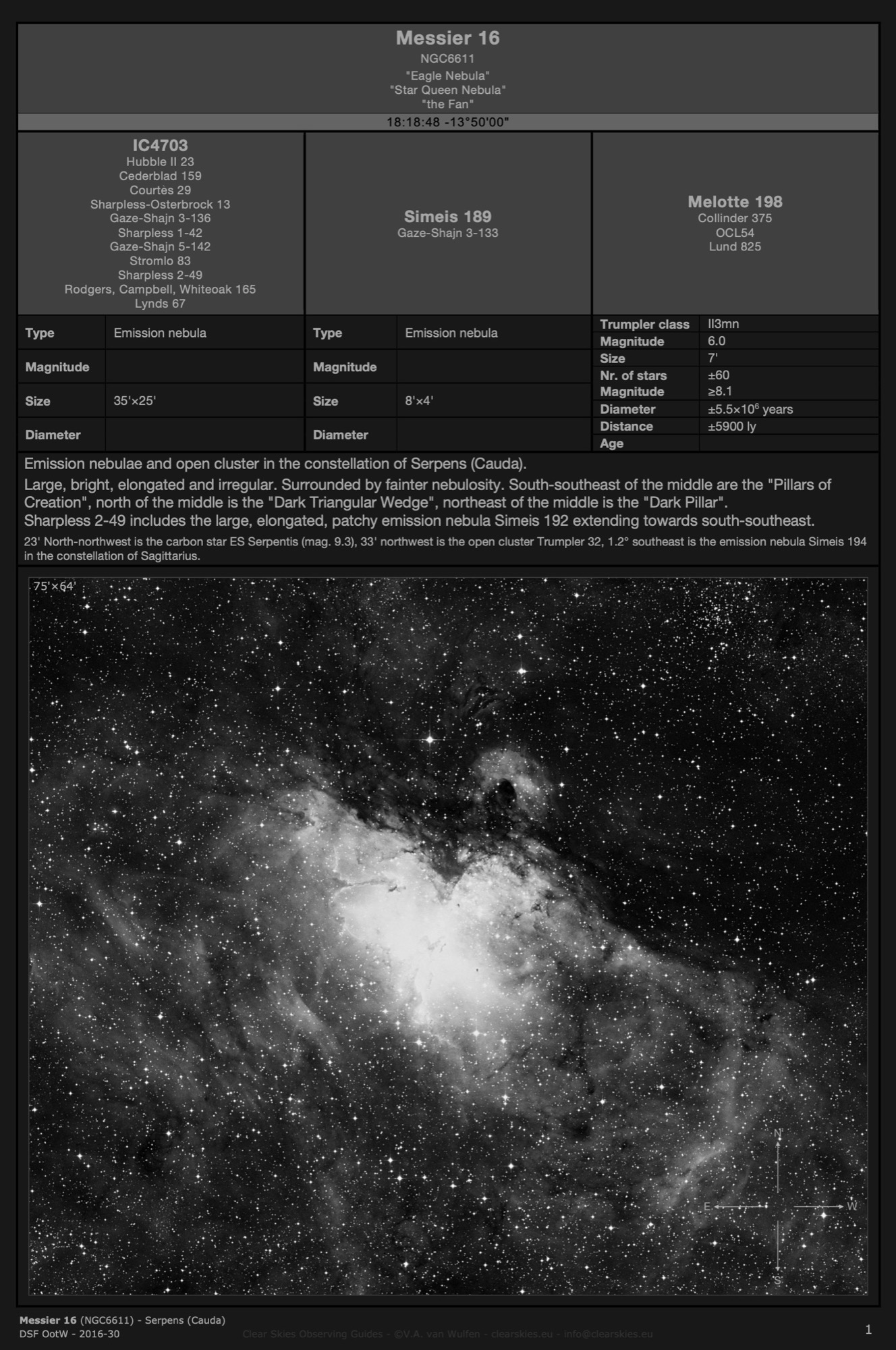 Emission nebula Messier 16 (NGC6611) - the "Eagle Nebula" in Serpens (Cauda) Emission nebula Messier 16 (NGC6611) - the "Eagle Nebula" in Serpens (Cauda)