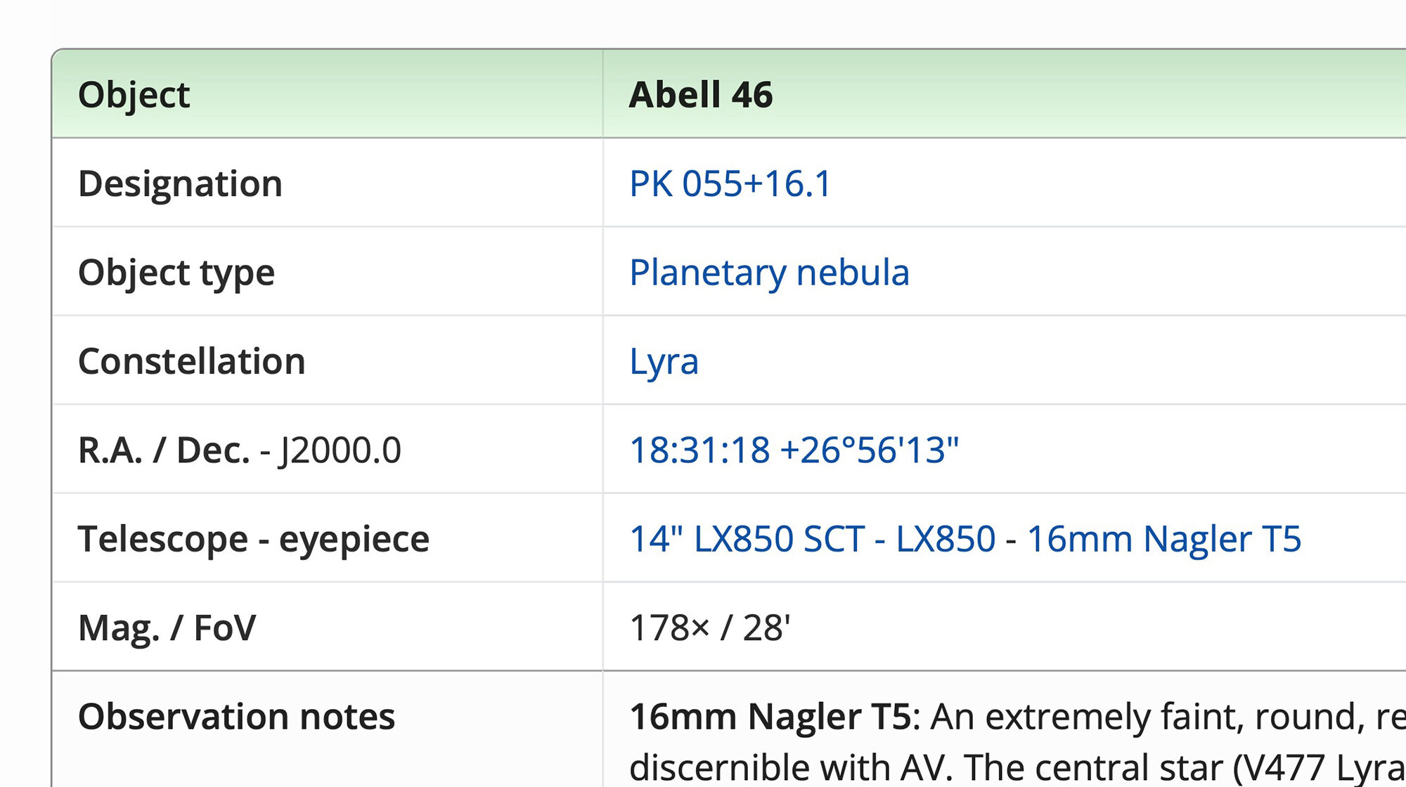 Observing Log - Planetary Nebula details Observing Log - Planetary Nebula details
