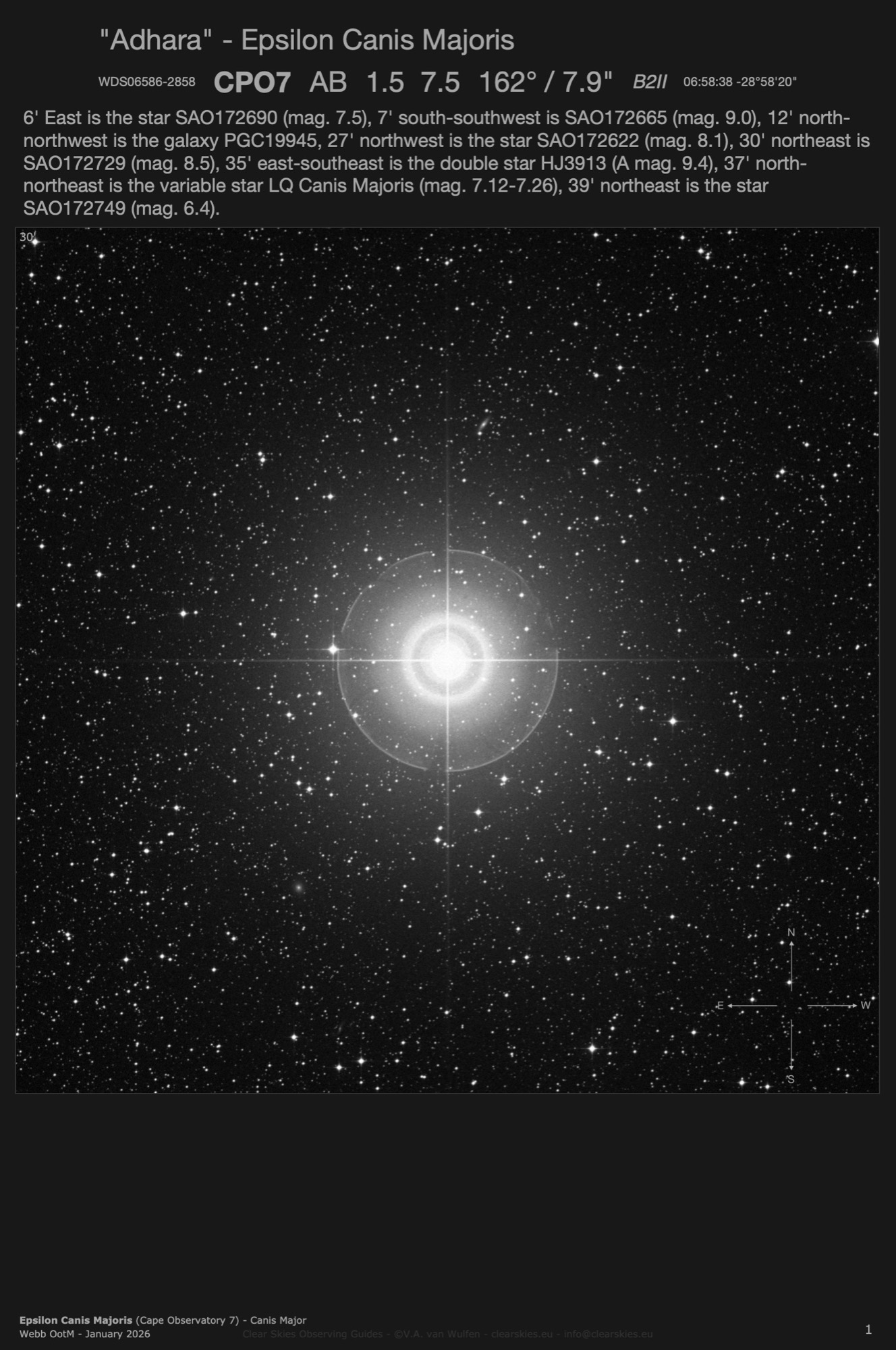 Double star "Adhara" - Epsilon Canis Majoris (Cape Observatory 7 - WDS06586-2858) in Canis Major Double star "Adhara" - Epsilon Canis Majoris (Cape Observatory 7 - WDS06586-2858) in Canis Major