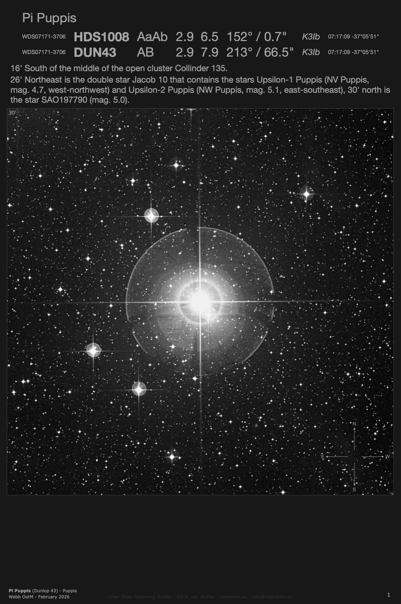 Double star Pi Puppis (Dunlop 43 - WDS07171-3706) in Puppis Double star Pi Puppis (Dunlop 43 - WDS07171-3706) in Puppis