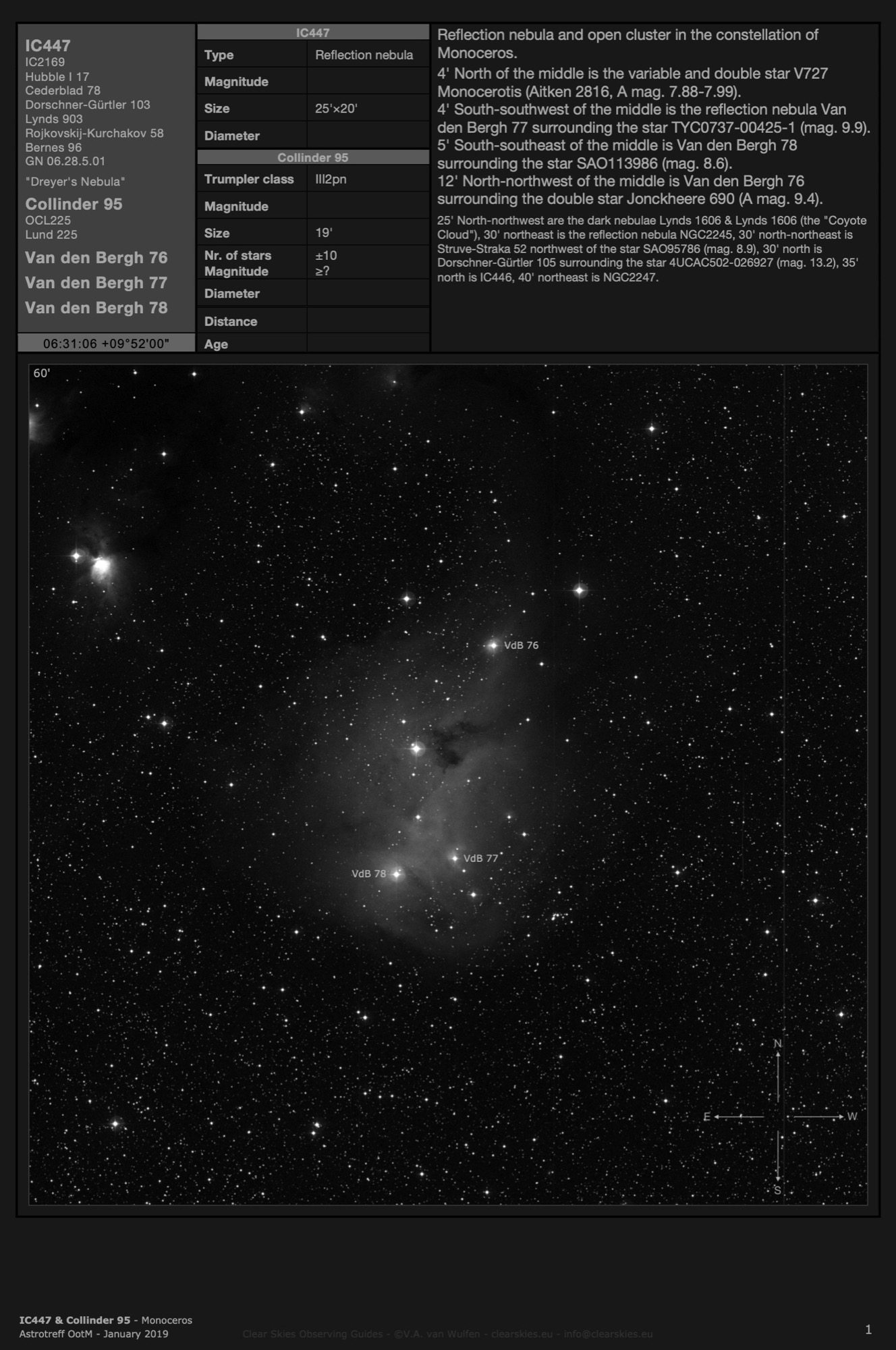 Reflection nebula IC447 - "Dreyer's Nebula", open cluster Collinder 95 & reflection nebulae Van den Bergh 76, 77, 78 in Monoceros Reflection nebula IC447 - "Dreyer's Nebula", open cluster Collinder 95 & reflection nebulae Van den Bergh 76, 77, 78 in Monoceros