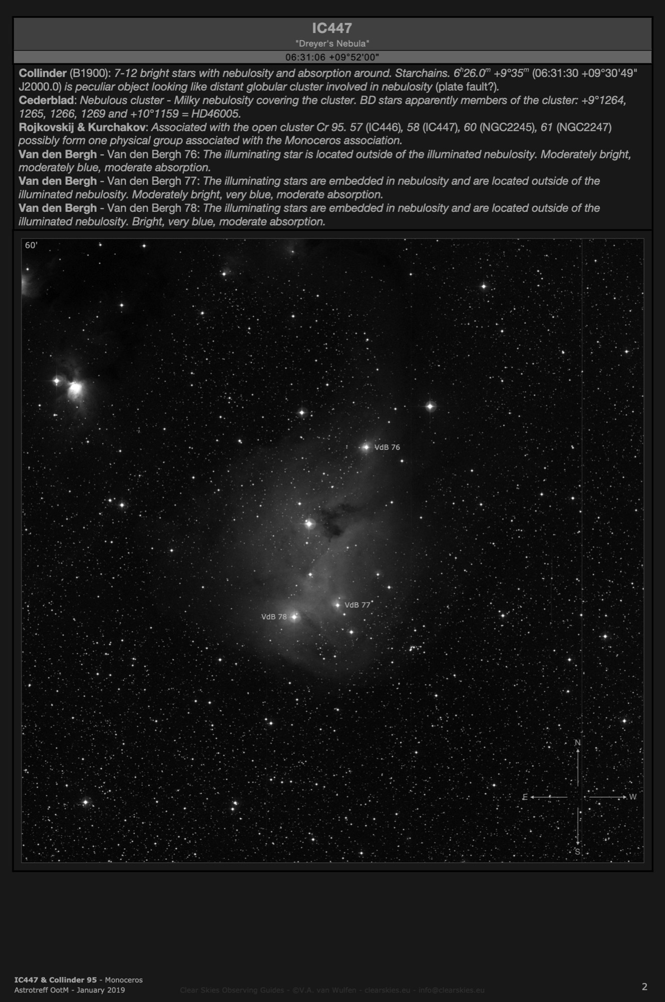Reflection nebula IC447 - "Dreyer's Nebula", open cluster Collinder 95 & reflection nebulae Van den Bergh 76, 77, 78 in Monoceros Reflection nebula IC447 - "Dreyer's Nebula", open cluster Collinder 95 & reflection nebulae Van den Bergh 76, 77, 78 in Monoceros