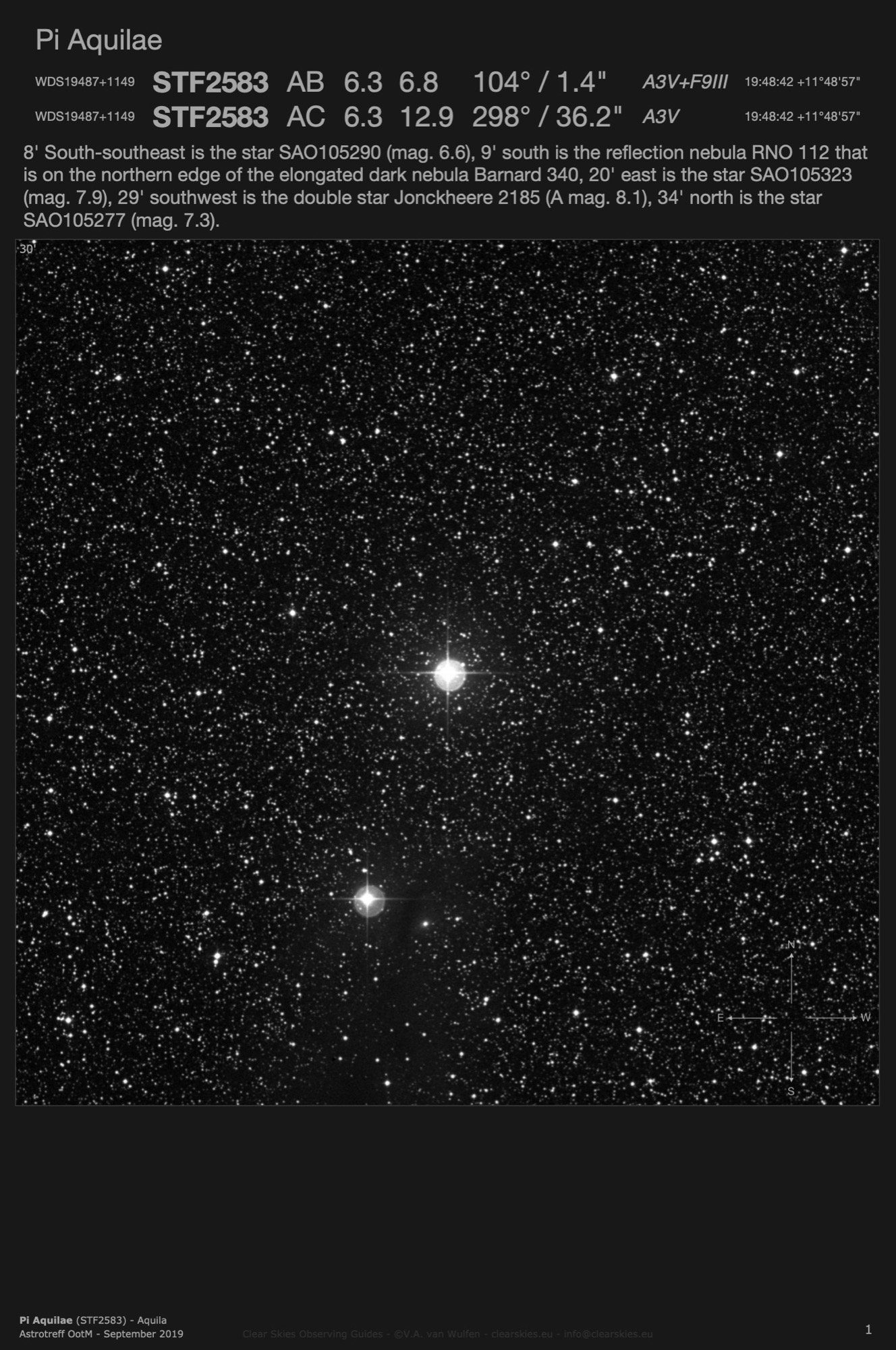Double star Pi Aquilae (STF2583 - WDS19487+1149) in Aquila Double star Pi Aquilae (STF2583 - WDS19487+1149) in Aquila