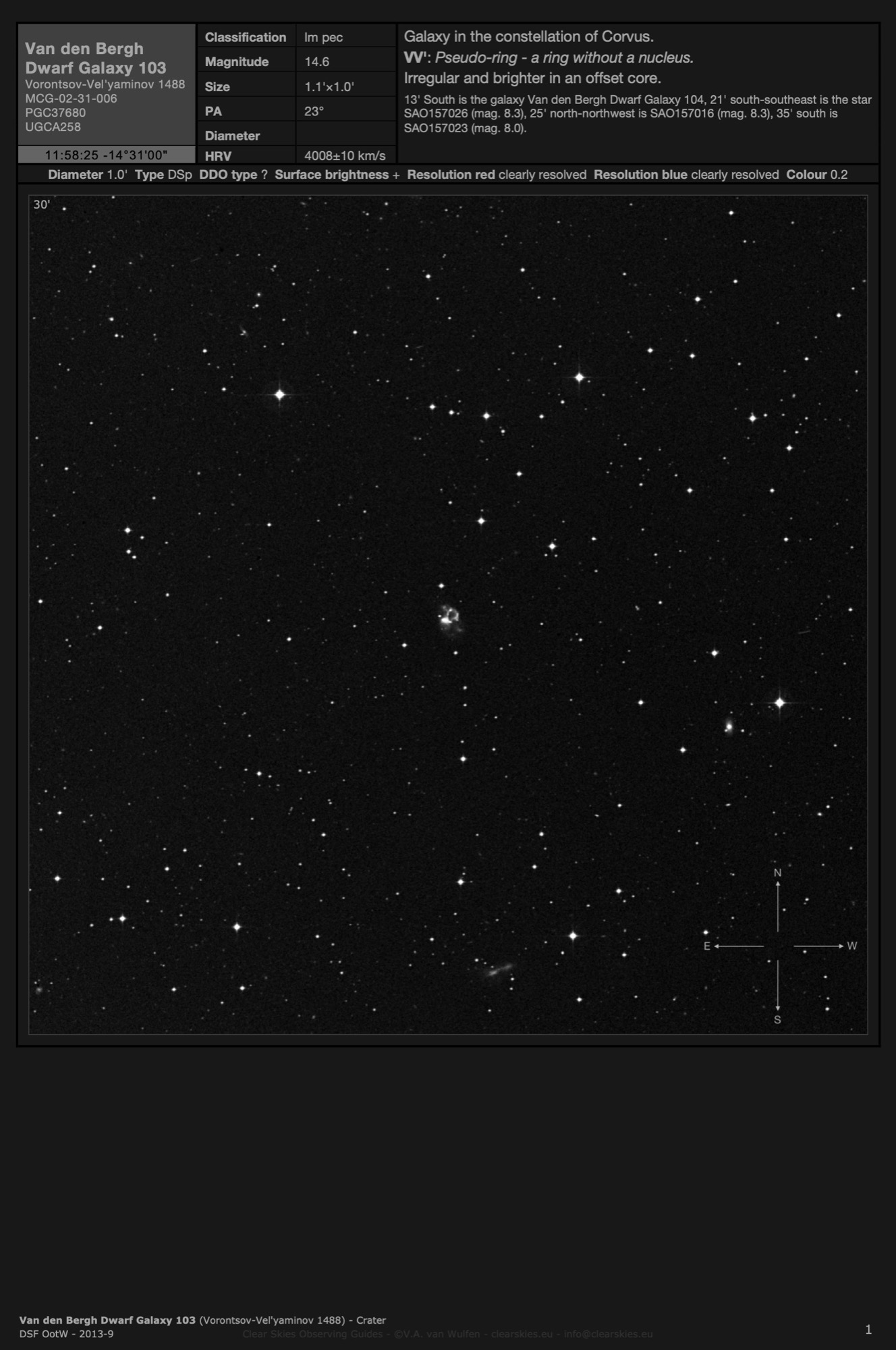Galaxy Van den Bergh Dwarf Galaxy 103 (PGC37680, Vorontsov-Vel'yaminov 1488) in Corvus Galaxy Van den Bergh Dwarf Galaxy 103 (PGC37680, Vorontsov-Vel'yaminov 1488) in Corvus