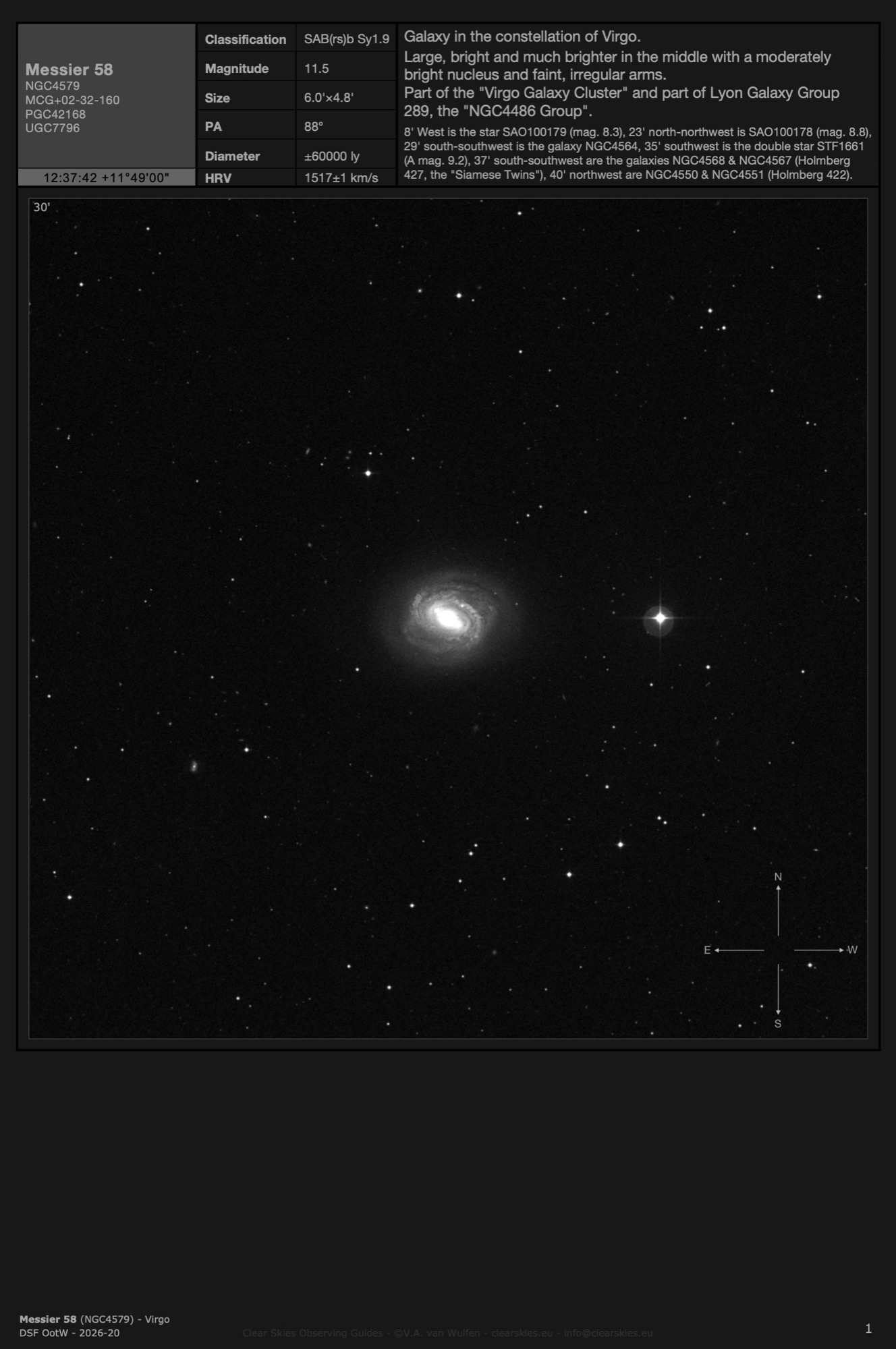 Galaxy Messier 58 (NGC4579) in Virgo