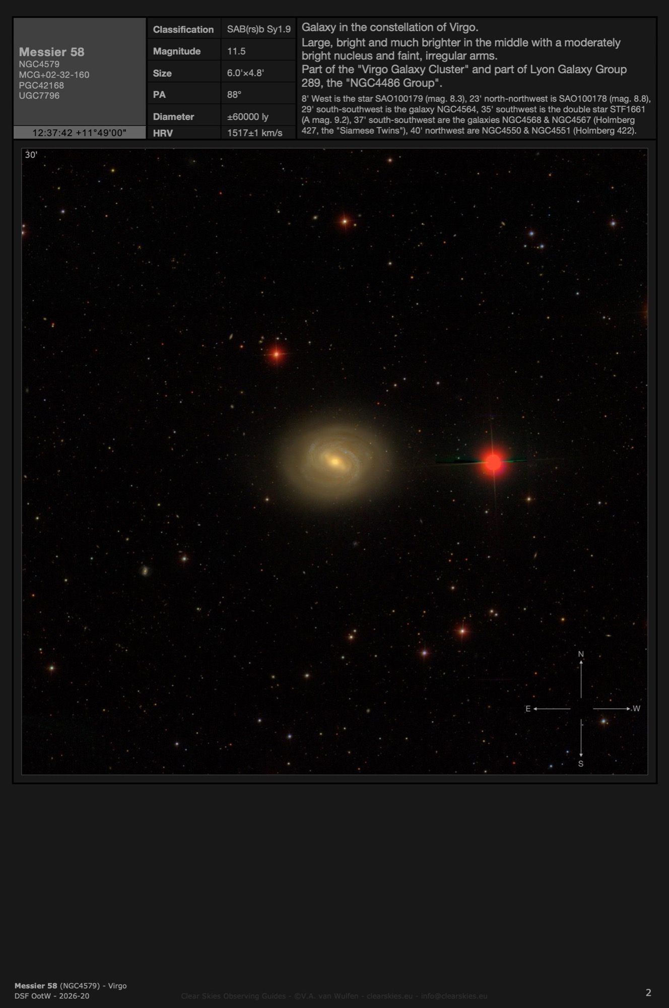 Galaxy Messier 58 (NGC4579) in Virgo