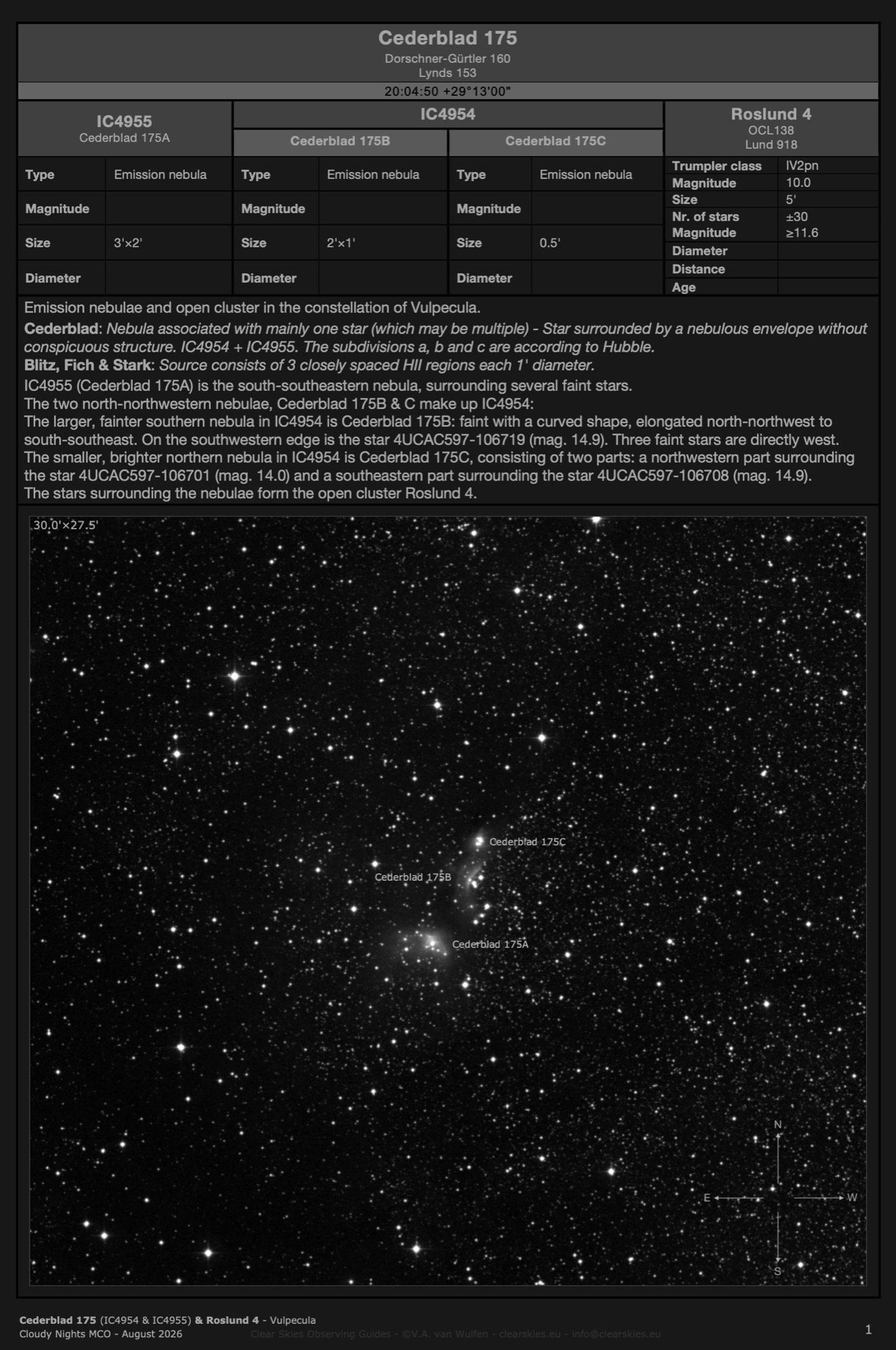 Emission nebulae Cederblad 175 (IC4954 & IC4955) & open cluster Roslund 4 in Vulpecula